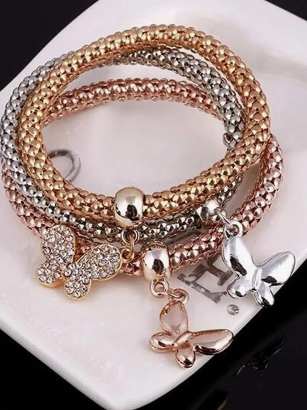 Anthropologie Rose Gold, Gold & Silver Butterfly Charm Bracelet Set